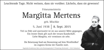 Traueranzeige von Margitta Mertens (geb. Mischke)  von Magdeburger Volksstimme