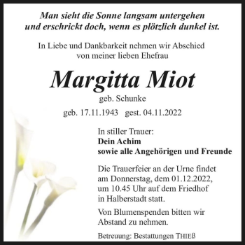 Traueranzeige von Margitta Miot (geb. Schunke)  von Magdeburger Volksstimme