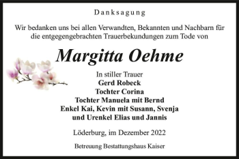 Traueranzeige von Margitta Oehme  von Magdeburger Volksstimme