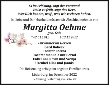 Traueranzeige von Margitta Oehme (geb. Golz)  von Magdeburger Volksstimme