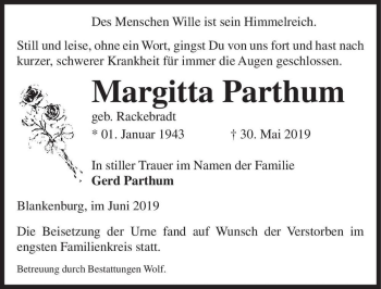 Traueranzeige von Margitta Parthum (geb. Rackebradt)  von Magdeburger Volksstimme