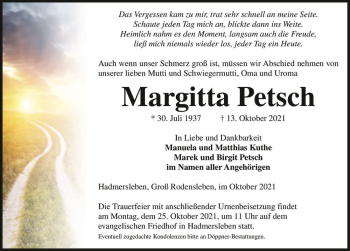 Traueranzeige von Margitta Petsch  von Magdeburger Volksstimme