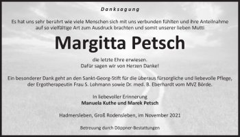 Traueranzeige von Margitta Petsch  von Magdeburger Volksstimme