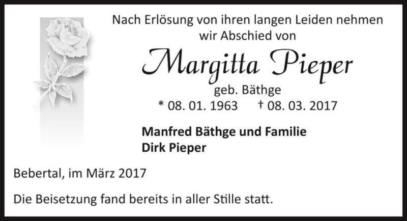  Traueranzeige für Margitta Pieper (geb. Bäthge)  vom 04.04.2017 aus Magdeburger Volksstimme