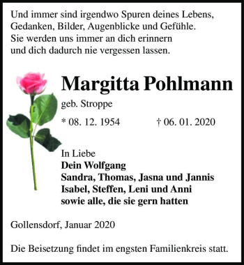 Traueranzeige von Margitta Pohlmann (geb. Stroppe)  von Magdeburger Volksstimme