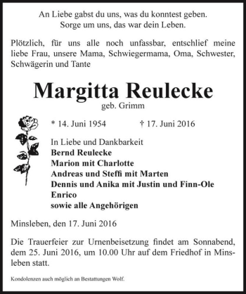 Traueranzeige von Margitta Reulecke (geb. Grimm)  von Magdeburger Volksstimme