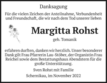 Traueranzeige von Margitta Rohst (geb. Tomanik)  von Magdeburger Volksstimme