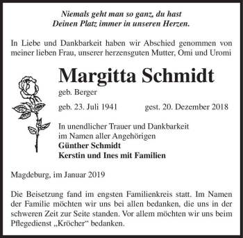 Traueranzeige von Margitta Schmidt (geb. Berger)  von Magdeburger Volksstimme