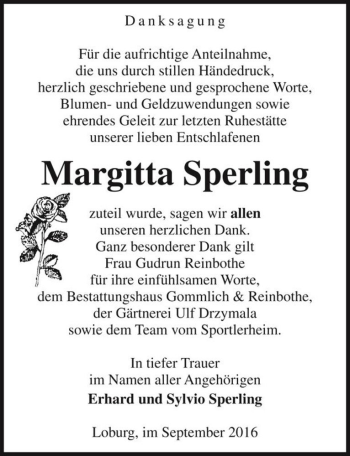 Traueranzeige von Margitta Sperling  von Magdeburger Volksstimme