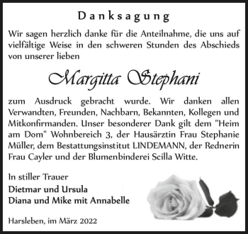 Traueranzeige von Margitta Stephani  von Magdeburger Volksstimme