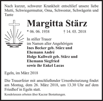 Traueranzeige von Margitta Stärz  von Magdeburger Volksstimme