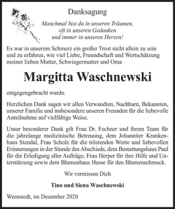 Traueranzeige von Margitta Waschnewski  von Magdeburger Volksstimme