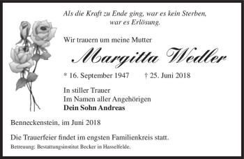 Traueranzeige von Margitta Wedler  von Magdeburger Volksstimme
