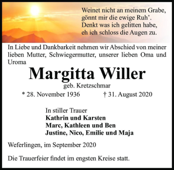 Traueranzeige von Margitta Willer (geb. Kretzschmar)  von Magdeburger Volksstimme