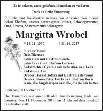 Traueranzeige von Margitta Wrobel  von Magdeburger Volksstimme
