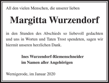 Traueranzeige von Margitta Wurzendorf  von Magdeburger Volksstimme