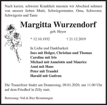 Traueranzeige von Margitta Wurzendorf (geb. Heyer)  von Magdeburger Volksstimme