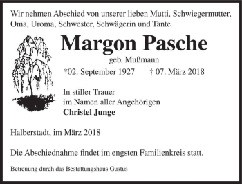 Traueranzeige von Margon Paschke (geb. Mußmann)  von Magdeburger Volksstimme