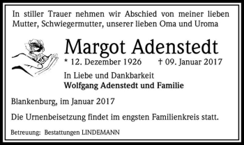 Traueranzeige von Margot Adenstedt  von Magdeburger Volksstimme