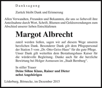 Traueranzeige von Margot Albrecht  von Magdeburger Volksstimme