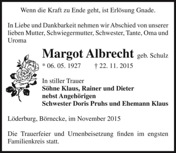 Traueranzeige von Margot Albrecht (geb. Schulz)  von Magdeburger Volksstimme