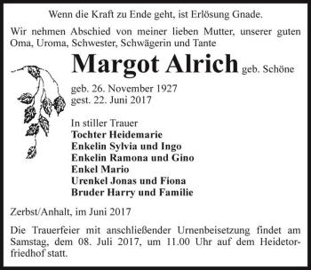 Traueranzeige von Margot Alrich (geb. Schöne)  von Magdeburger Volksstimme