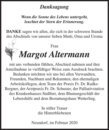 Traueranzeige von Margot Altermann  von Magdeburger Volksstimme