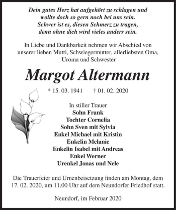 Traueranzeige von Margot Altermann  von Magdeburger Volksstimme