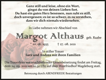 Traueranzeige von Margot Althaus (geb. Raabe)  von Magdeburger Volksstimme