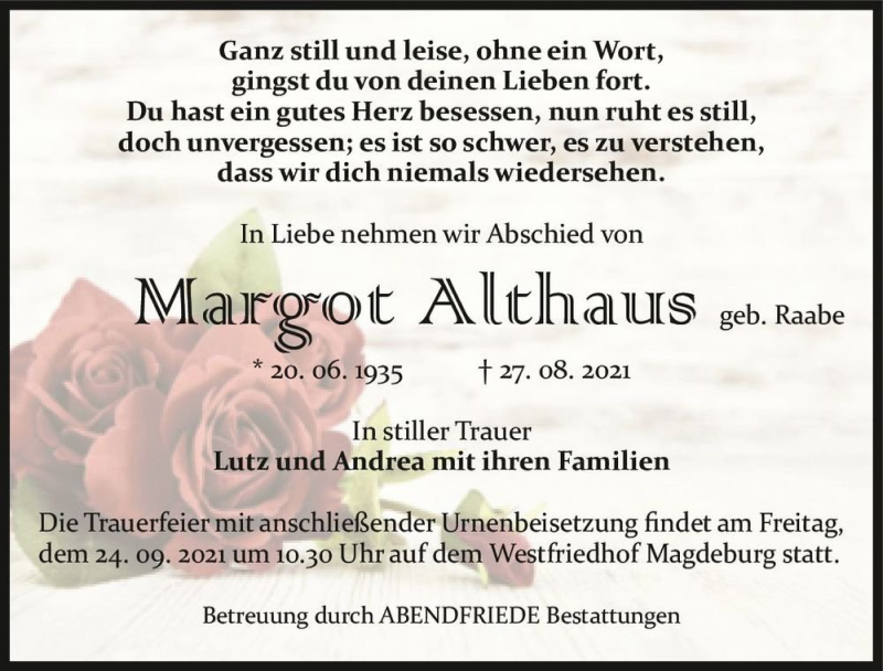  Traueranzeige für Margot Althaus (geb. Raabe)  vom 18.09.2021 aus Magdeburger Volksstimme