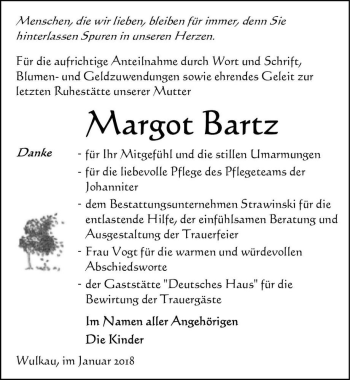Traueranzeige von Margot Bartz  von Magdeburger Volksstimme