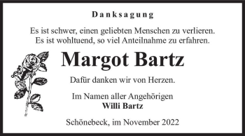 Traueranzeige von Margot Bartz  von Magdeburger Volksstimme