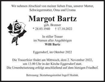 Traueranzeige von Margot Bartz (geb. Brenner)  von Magdeburger Volksstimme