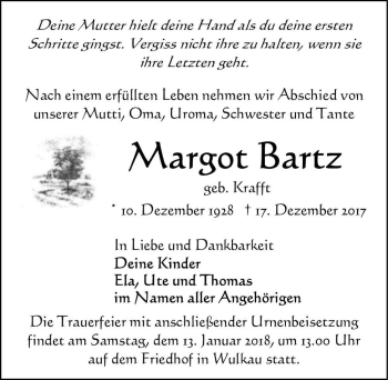 Traueranzeige von Margot Bartz (geb. Krafft)  von Magdeburger Volksstimme