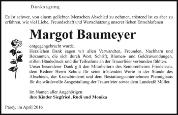 Traueranzeige von Margot Baumeyer  von Magdeburger Volksstimme