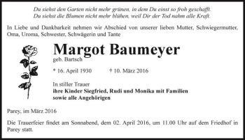 Traueranzeige von Margot Baumeyer (geb. Bartsch)  von Magdeburger Volksstimme