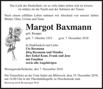 Traueranzeige von Margot Baxmann (geb. Knappe)  von Magdeburger Volksstimme