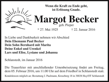 Traueranzeige von Margot Becker (geb. Pieper)  von Magdeburger Volksstimme
