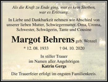 Traueranzeige von Margot Behrens (geb. Wenzel)  von Magdeburger Volksstimme