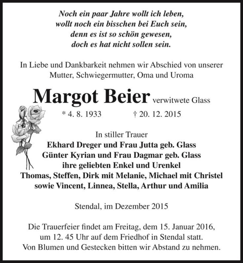  Traueranzeige für Margot Beier (verw. Glass)  vom 02.01.2016 aus Magdeburger Volksstimme