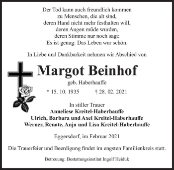 Traueranzeige von Margot Beinhof (geb. Haberhauffe)  von Magdeburger Volksstimme