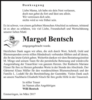 Traueranzeige von Margot Bentsch  von Magdeburger Volksstimme