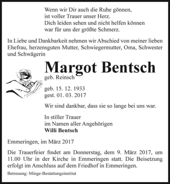 Traueranzeige von Margot Bentsch (geb. Reinsch)  von Magdeburger Volksstimme
