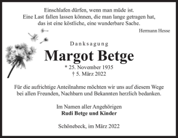 Traueranzeige von Margot Betge  von Magdeburger Volksstimme