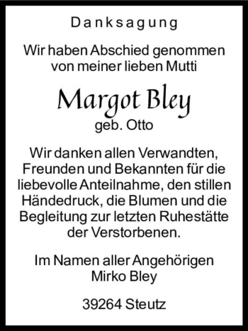 Traueranzeige von Margot Bley (geb. Otto)  von Magdeburger Volksstimme