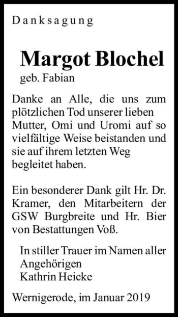 Traueranzeige von Margot Blochel (geb. Fabian)  von Magdeburger Volksstimme