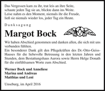 Traueranzeige von Margot Bock  von Magdeburger Volksstimme