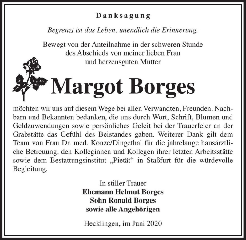  Traueranzeige für Margot Borges  vom 04.07.2020 aus Magdeburger Volksstimme