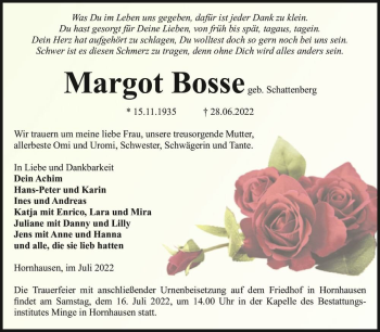 Traueranzeige von Margot Bosse (geb. Schattenberg)  von Magdeburger Volksstimme