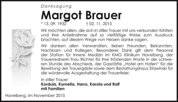Traueranzeige von Margot Brauer  von Magdeburger Volksstimme